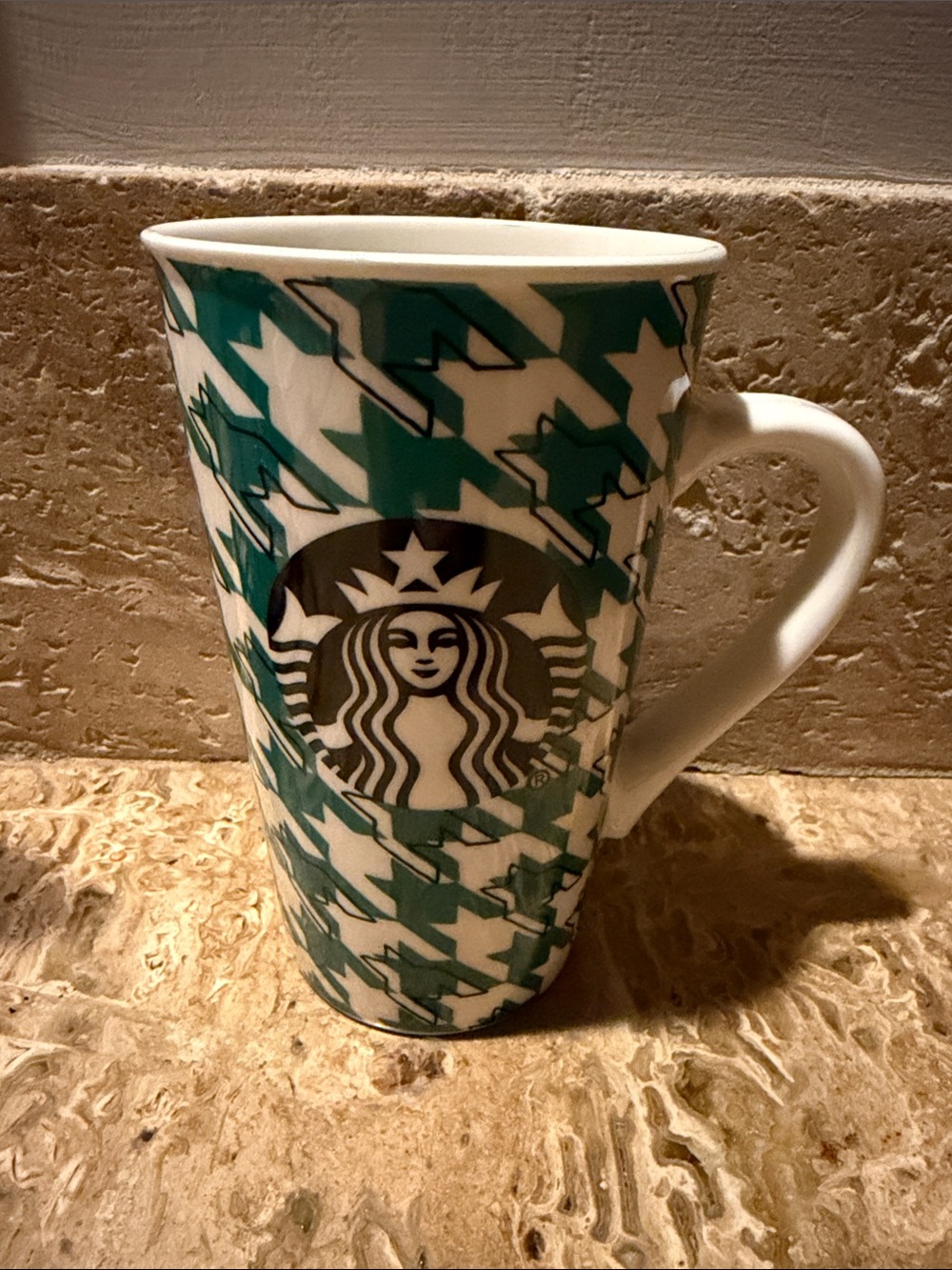 Starbucks Teal and White Houndstooth Ceramic Mug